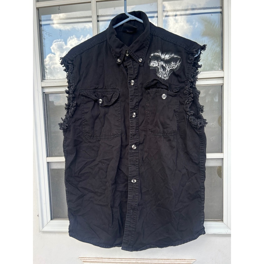 Hot Leathers Mens Black Sleeveless Skull Graphic Frayed Biker Shirt Medium